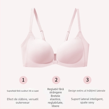 Sutien din nylon cu închidere frontală, fără spate, Push-Up, cupă 3/4, fără sârmă, cupe din burete, căptușeală din spandex