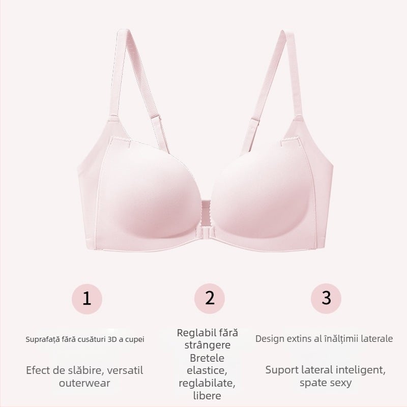 Sutien din nylon cu închidere frontală, fără spate, Push-Up, cupă 3/4, fără sârmă, cupe din burete, căptușeală din spandex