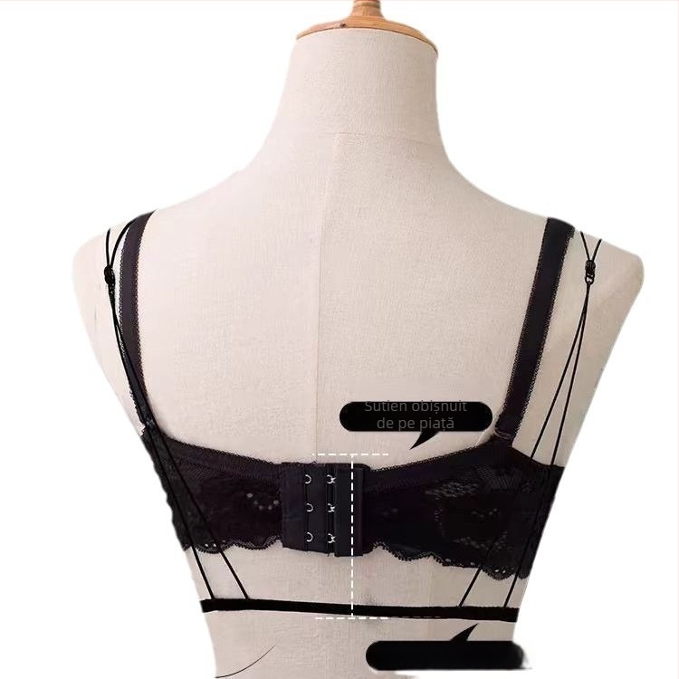 Sutien push-up negru, fără sârmă, cu bretele subțiri și închidere frontală, cupe triunghiulare franțuzești, design sexy pentru bust mic