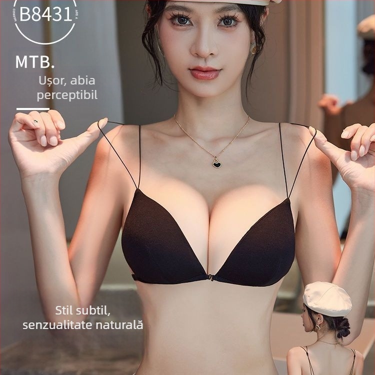 Sutien push-up negru, fără sârmă, cu bretele subțiri și închidere frontală, cupe triunghiulare franțuzești, design sexy pentru bust mic