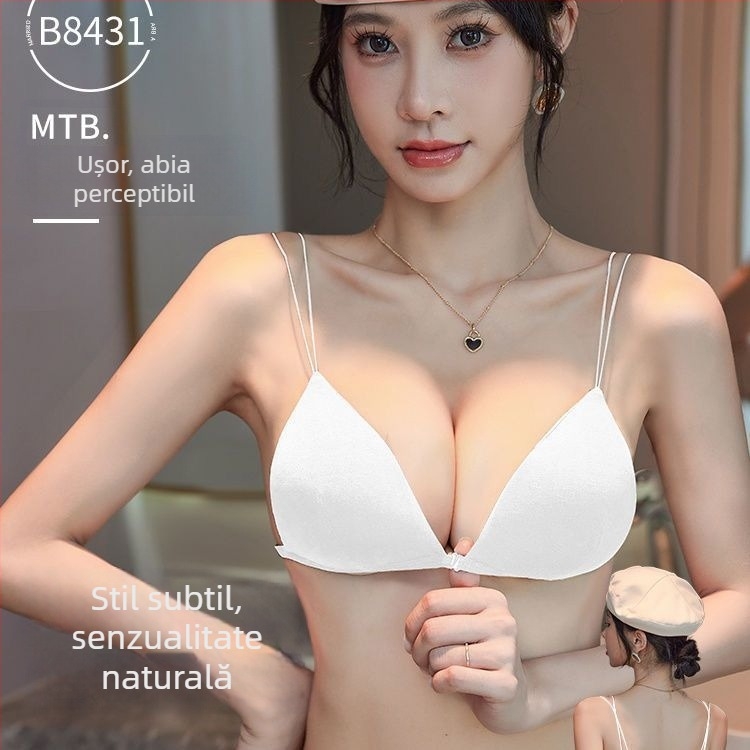 Sutien push-up negru, fără sârmă, cu bretele subțiri și închidere frontală, cupe triunghiulare franțuzești, design sexy pentru bust mic