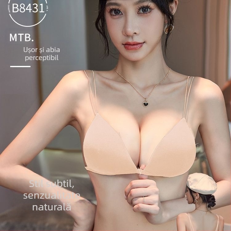 Sutien push-up negru, fără sârmă, cu bretele subțiri și închidere frontală, cupe triunghiulare franțuzești, design sexy pentru bust mic