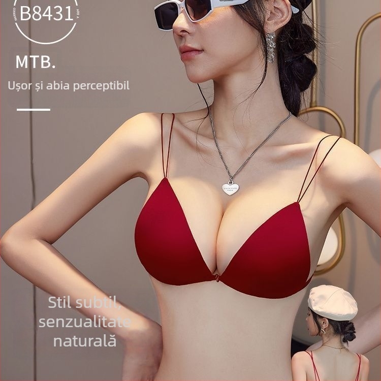 Sutien push-up negru, fără sârmă, cu bretele subțiri și închidere frontală, cupe triunghiulare franțuzești, design sexy pentru bust mic