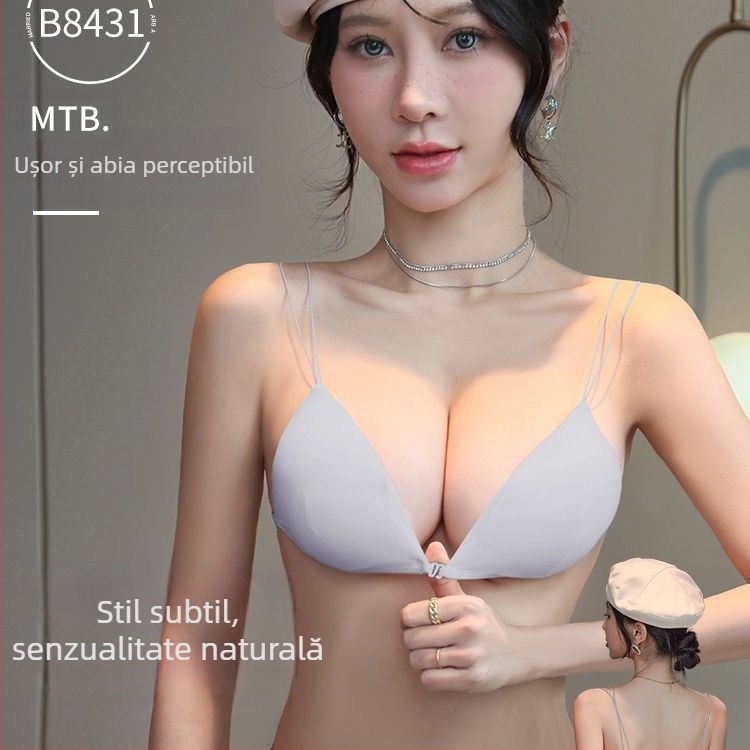 Sutien push-up negru, fără sârmă, cu bretele subțiri și închidere frontală, cupe triunghiulare franțuzești, design sexy pentru bust mic