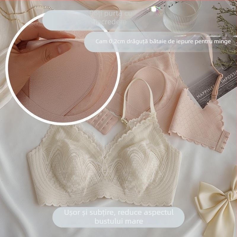 Sutien dantelă din nylon, cupe în formă de urechi de iePURE (Rabbit-Ear Cup), fără arc, cupe subțiri, bretele fixe duble, închidere spate cu trei rânduri de clipsuri