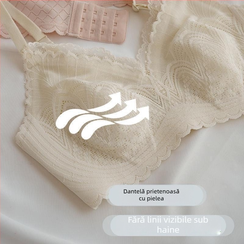 Sutien dantelă din nylon, cupe în formă de urechi de iePURE (Rabbit-Ear Cup), fără arc, cupe subțiri, bretele fixe duble, închidere spate cu trei rânduri de clipsuri