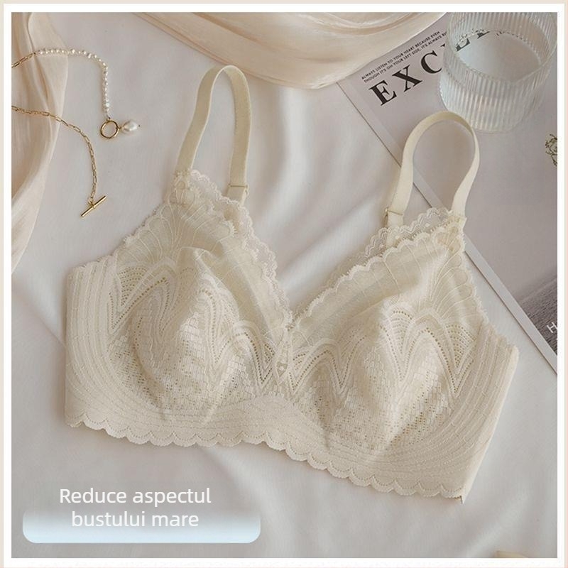 Sutien dantelă din nylon, cupe în formă de urechi de iePURE (Rabbit-Ear Cup), fără arc, cupe subțiri, bretele fixe duble, închidere spate cu trei rânduri de clipsuri
