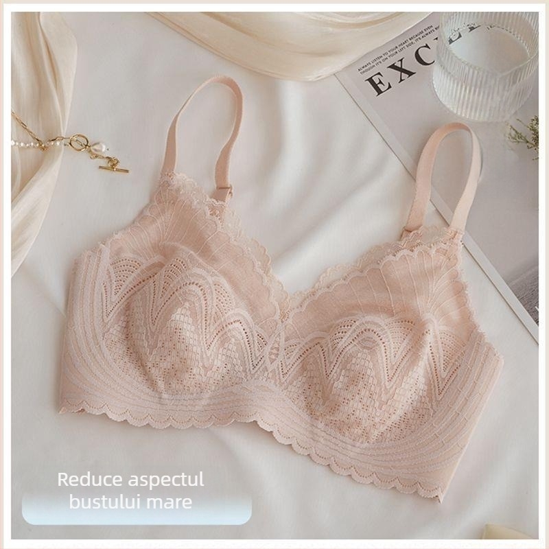 Sutien dantelă din nylon, cupe în formă de urechi de iePURE (Rabbit-Ear Cup), fără arc, cupe subțiri, bretele fixe duble, închidere spate cu trei rânduri de clipsuri