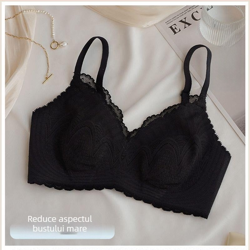 Sutien dantelă din nylon, cupe în formă de urechi de iePURE (Rabbit-Ear Cup), fără arc, cupe subțiri, bretele fixe duble, închidere spate cu trei rânduri de clipsuri