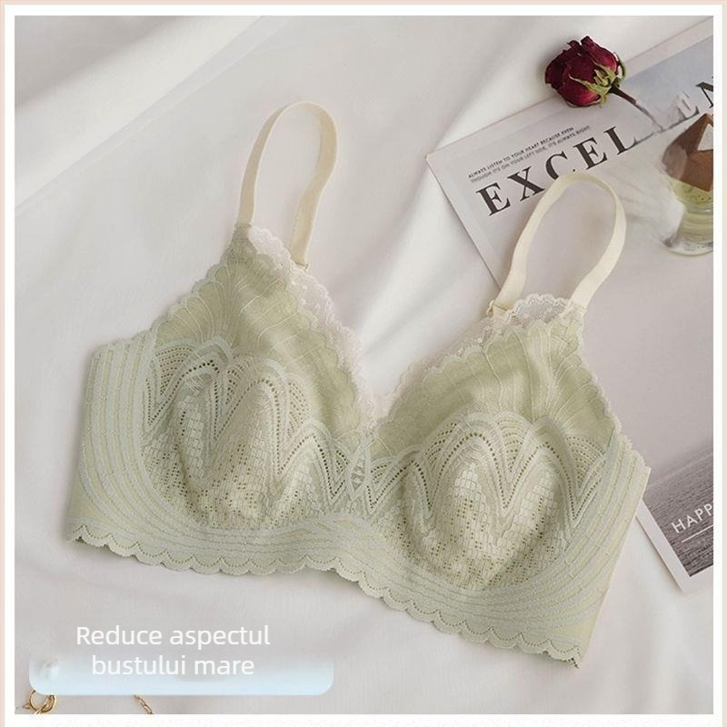 Sutien dantelă din nylon, cupe în formă de urechi de iePURE (Rabbit-Ear Cup), fără arc, cupe subțiri, bretele fixe duble, închidere spate cu trei rânduri de clipsuri