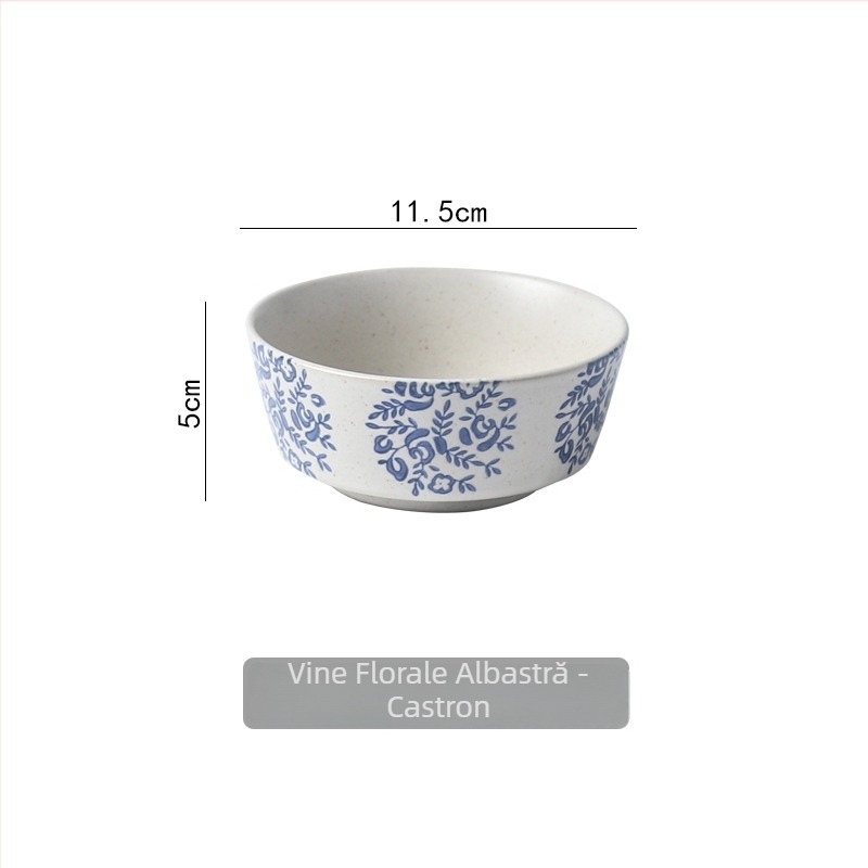 Set de masă cu model floral sub glazură; include bol, lingură, farfurie din porțelan cu os și ceașcă (Tao ceramică)
