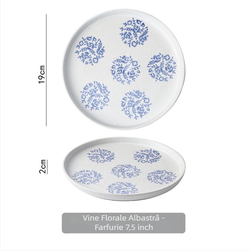 Set de masă cu model floral sub glazură; include bol, lingură, farfurie din porțelan cu os și ceașcă (Tao ceramică)