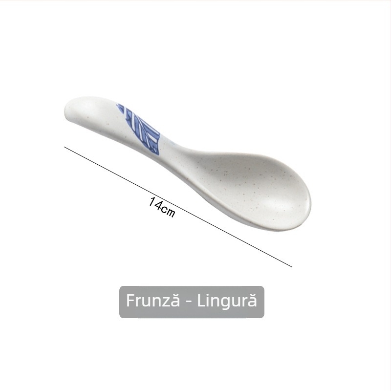 Set de masă cu model floral sub glazură; include bol, lingură, farfurie din porțelan cu os și ceașcă (Tao ceramică)