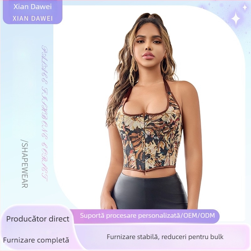 Corset shapewear cu gât halter și oase de pește (fishbone), stil palat retro, opțiune de spate deschis, cupe 1/2, cupe subțiri modelate, poliester