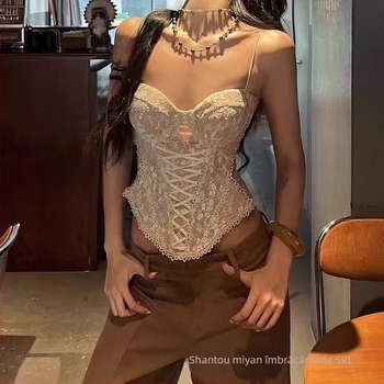 Top camisole din nylon cu dantelă, bretele, decolteu drept și corset cu os de pește, pentru toate sezoanele, țesătură de greutate medie 181–200 g/m²