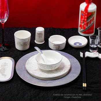 Set de veselă din porțelan pentru hoteluri, stil chinezesc, decor cu glazură, personalizare și imprimare logo disponibile