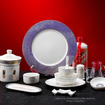 Set de veselă din porțelan pentru hoteluri, stil chinezesc, decor cu glazură, personalizare și imprimare logo disponibile