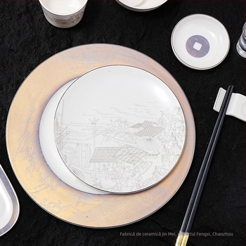 Set de veselă din porțelan pentru hoteluri, stil chinezesc, decor cu glazură, personalizare și imprimare logo disponibile