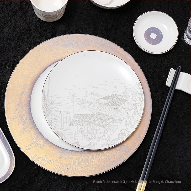 Set de veselă din porțelan pentru hoteluri, stil chinezesc, decor cu glazură, personalizare și imprimare logo disponibile