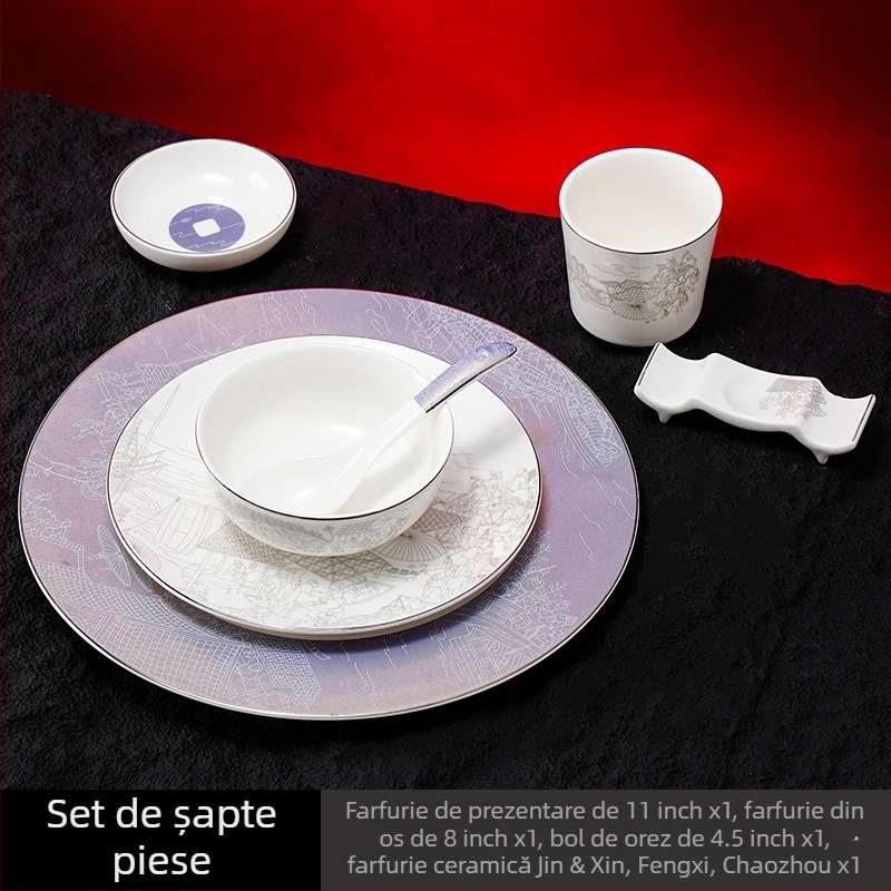 Set de veselă din porțelan pentru hoteluri, stil chinezesc, decor cu glazură, personalizare și imprimare logo disponibile