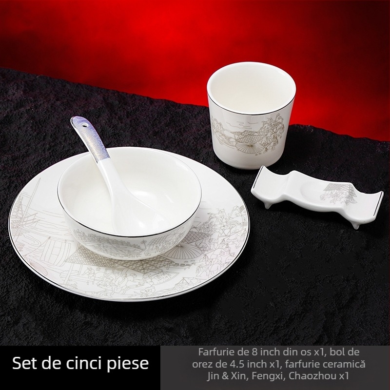 Set de veselă din porțelan pentru hoteluri, stil chinezesc, decor cu glazură, personalizare și imprimare logo disponibile