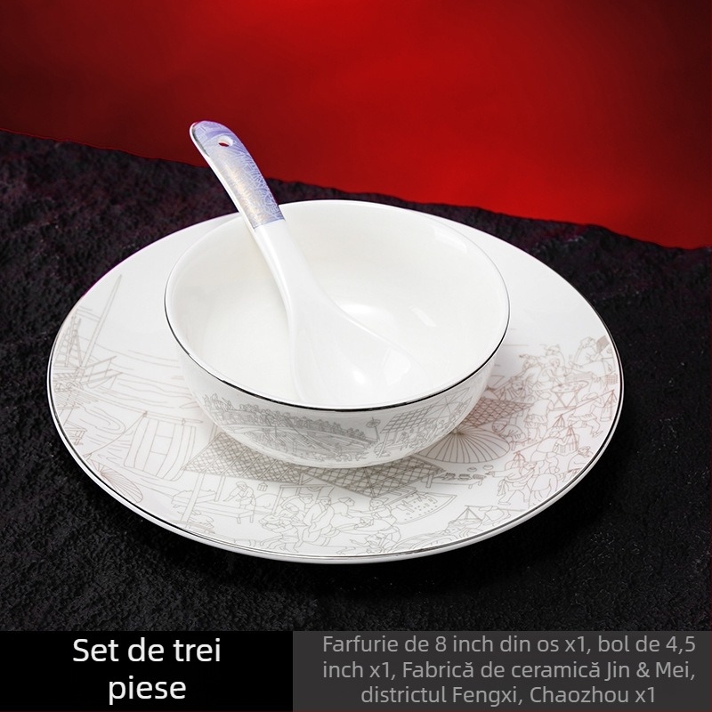 Set de veselă din porțelan pentru hoteluri, stil chinezesc, decor cu glazură, personalizare și imprimare logo disponibile