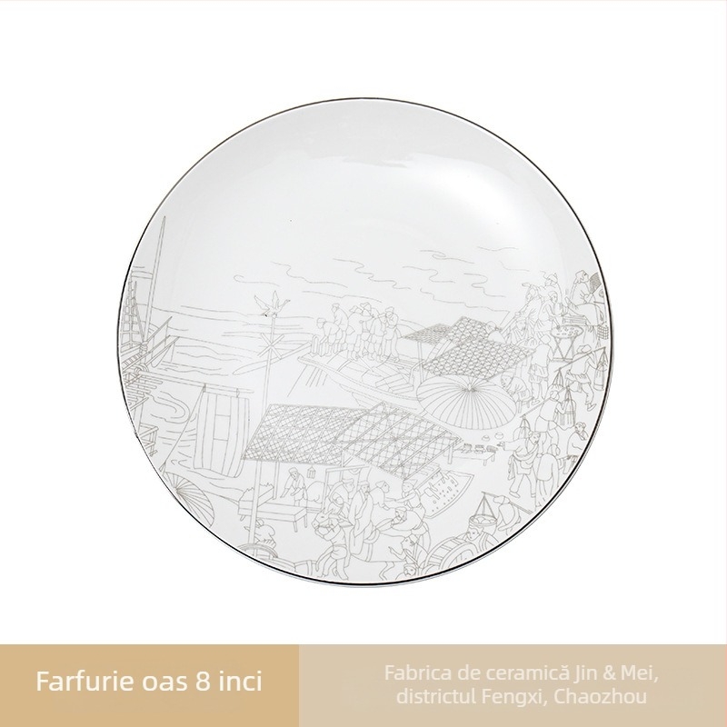 Set de veselă din porțelan pentru hoteluri, stil chinezesc, decor cu glazură, personalizare și imprimare logo disponibile