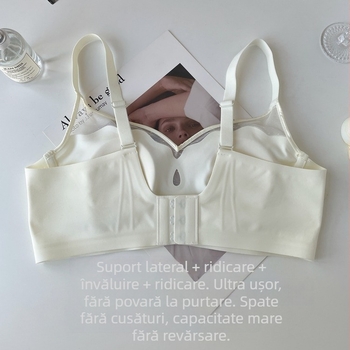 Sutien fără sârmă, cupe turnate ultra-subțiri, material nylon, căptușeală din spandex 30–50%, închidere spate cu trei rânduri de cârlige, bretele duble fixe.