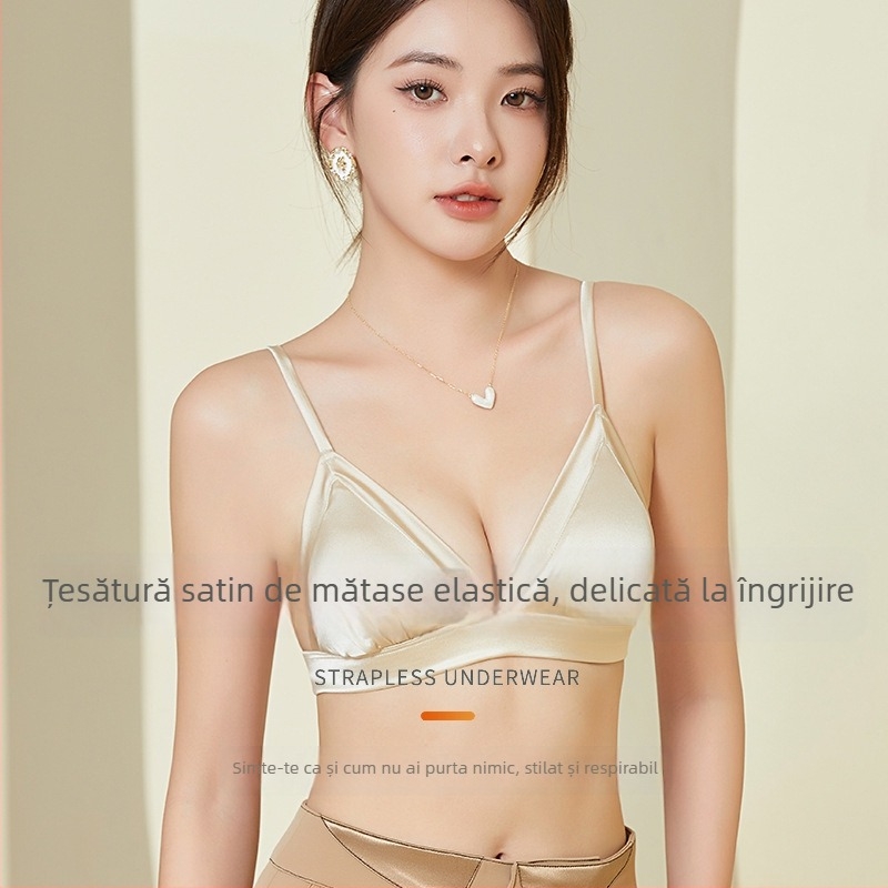 Sutien din mătase Mulberry, stil franțuzesc, cupă 3/4, cupe subțiri modelate, bretele fixe duble, închidere la spate