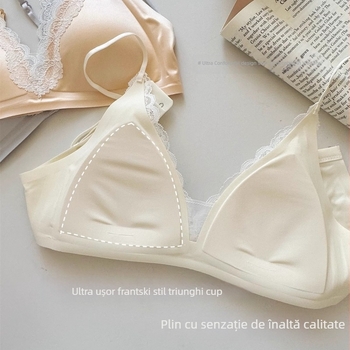 Sutien din dantelă cu cupă triunghiulară, bretele subțiri din satin, material nailon, căptușit nailon, cupe subțiri modelate, bretele fixe