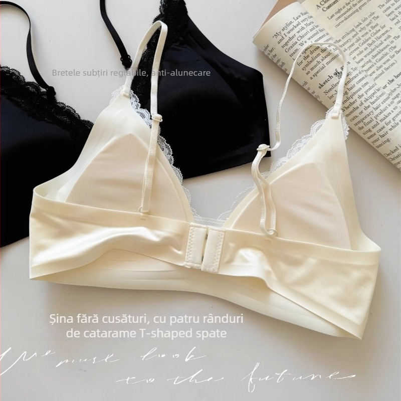 Sutien din dantelă cu cupă triunghiulară, bretele subțiri din satin, material nailon, căptușit nailon, cupe subțiri modelate, bretele fixe