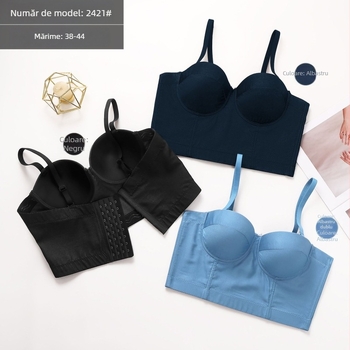 Camisolă din denim cu susținere fishbone, cupă 3/4, pernă pentru sân, bretele detașabile dublu, închidere spate cu patru rânduri