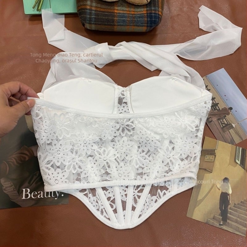 Camisolă halter din dantelă cu plasă, cupă 3/4, cupe subțiri, căptușeală nylon, bretele fixe duble, spate frumos