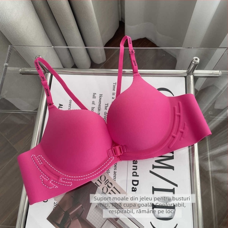  Sutien cu închidere frontal din nylon, push-up și adunare a sânilor laterali, fără fir metalic, cupă cu partea superioară subțire și partea inferioară mai groasă