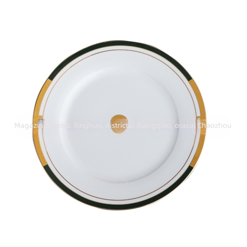 Farfurie rotundă din porțelan pentru decor hotelier, stil lux ușor retro, model în dungi, suprafață glazurată.