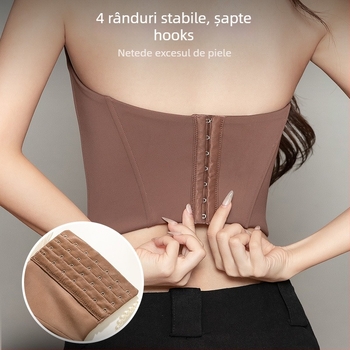 Top bustier fără bretele, cu suport din oase de pește și pernițe integrate pentru sâni, material nylon, cupe modelate subțiri, închidere cu 7 cârlige, modelare a corpului, lansare vară 2025