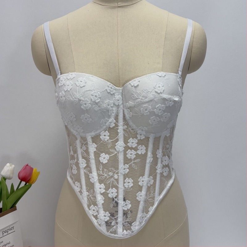 Camisol din plasă cu corset cu oase, broderie florală și dantelă, stil occidental, închidere cu patru rânduri de catarame la spate (Țesătură: plasă; Poliester 80–90%; căptușeală: spandex; cupă: 1/2; cupe subțiri)