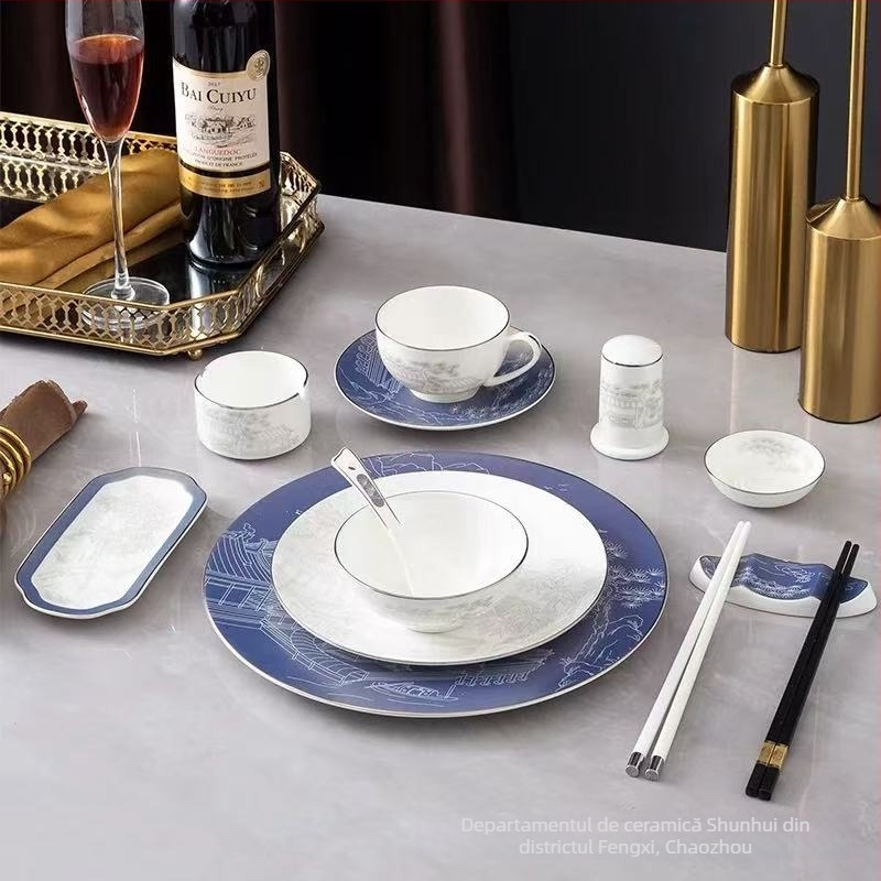 Set de veselă pentru hotel, ceramică, stil nou chinezesc, porțelan cu peste 45% conținut de os, imprimare logo disponibil