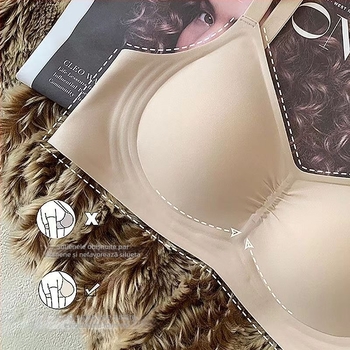 Sutien din nailon, fără cusături, cu susținere moale, cupă completă, cupă turnată subțire din burete, închidere la spate cu patru rânduri de cârlige, bretele fixe duble, respirabil și confortabil