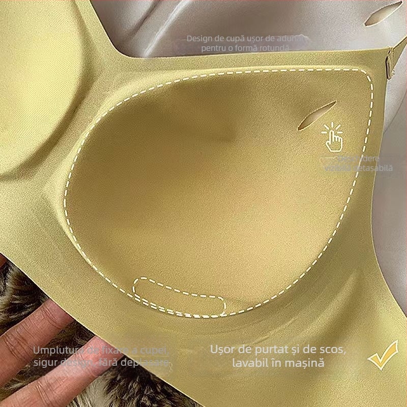 Sutien din nailon, fără cusături, cu susținere moale, cupă completă, cupă turnată subțire din burete, închidere la spate cu patru rânduri de cârlige, bretele fixe duble, respirabil și confortabil