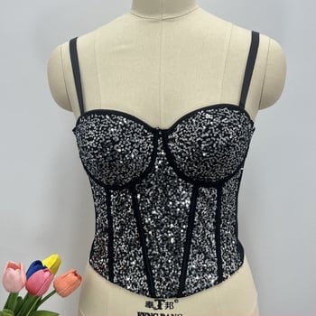 Bustier talie-modelator cu coastă de pește și paiete – material plasă, bretele detașabile duble