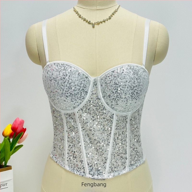 Bustier talie-modelator cu coastă de pește și paiete – material plasă, bretele detașabile duble