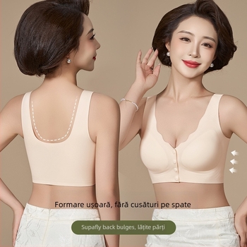 Sutien de alăptare cu închidere frontală, fără sârmă, stil vestă, pentru femei în lactație (40–60 ani) — cupe pline, forme medii, țesătură Ice Silk/Nylon, căptușeală Spandex, nasture frontal, bretele fixe duble