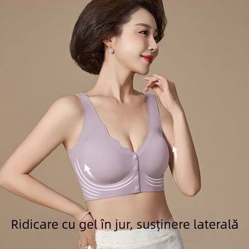 Sutien de alăptare cu închidere frontală, fără sârmă, stil vestă, pentru femei în lactație (40–60 ani) — cupe pline, forme medii, țesătură Ice Silk/Nylon, căptușeală Spandex, nasture frontal, bretele fixe duble