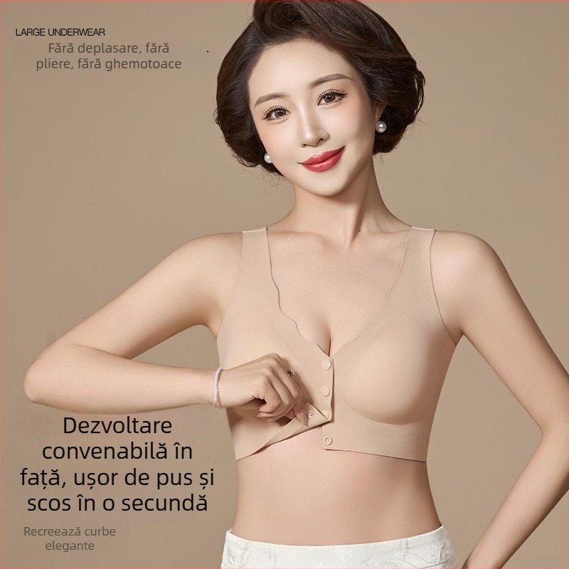 Sutien de alăptare cu închidere frontală, fără sârmă, stil vestă, pentru femei în lactație (40–60 ani) — cupe pline, forme medii, țesătură Ice Silk/Nylon, căptușeală Spandex, nasture frontal, bretele fixe duble
