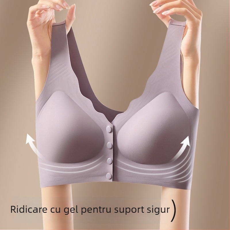 Sutien de alăptare cu închidere frontală, fără sârmă, stil vestă, pentru femei în lactație (40–60 ani) — cupe pline, forme medii, țesătură Ice Silk/Nylon, căptușeală Spandex, nasture frontal, bretele fixe duble