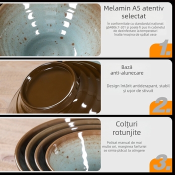 Set de veselă din melamină, patru piese – imitatie de porțelan, model cu glazură punctată, stil modern, Belein, personalizabil