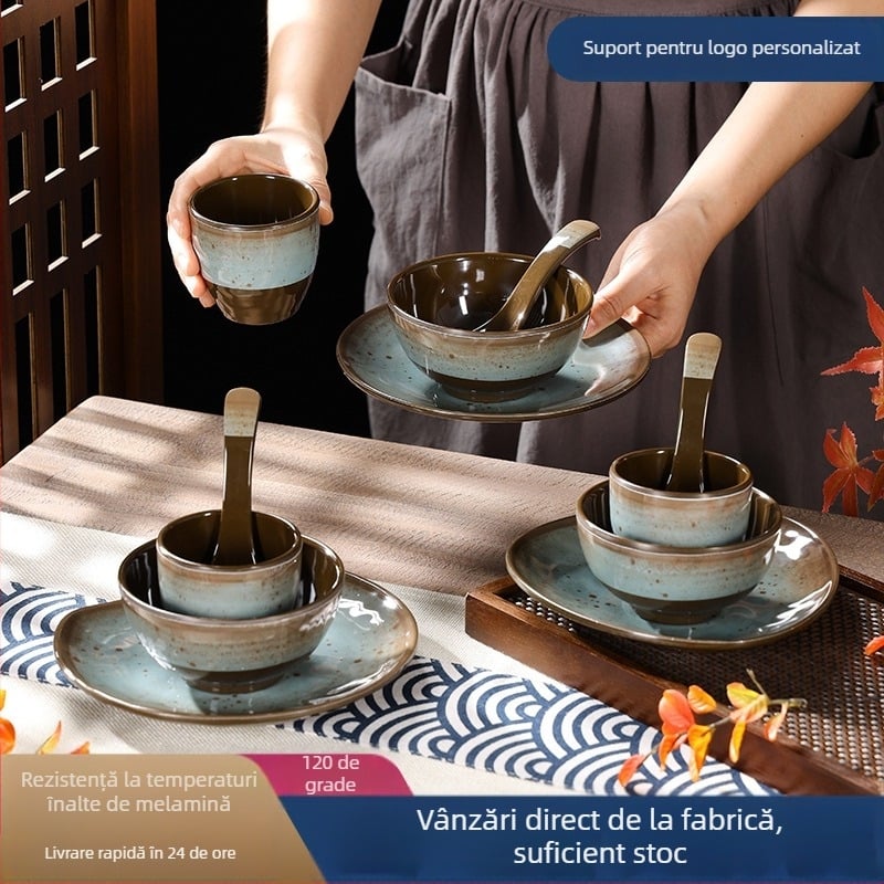 Set de veselă din melamină, patru piese – imitatie de porțelan, model cu glazură punctată, stil modern, Belein, personalizabil