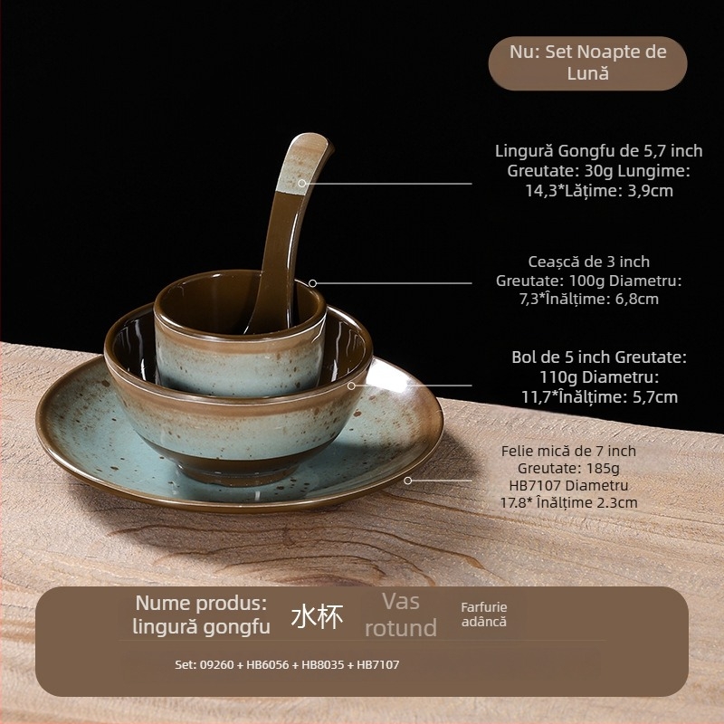 Set de veselă din melamină, patru piese – imitatie de porțelan, model cu glazură punctată, stil modern, Belein, personalizabil