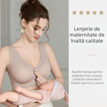 Sutien de alăptare cu închidere frontală; material nylon; bretele fixe, duble; cupe subțiri modelate; potrivit pentru perioada postpartum.